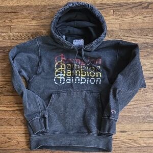 Champion Charcoal Hoodie with Colorful Logo Mens Small Like New